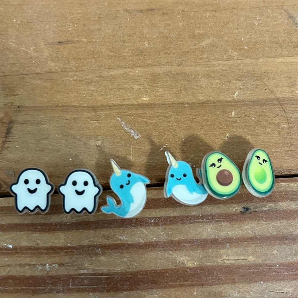 Lilliput earrings 3 pairs narwhal ghost avocado